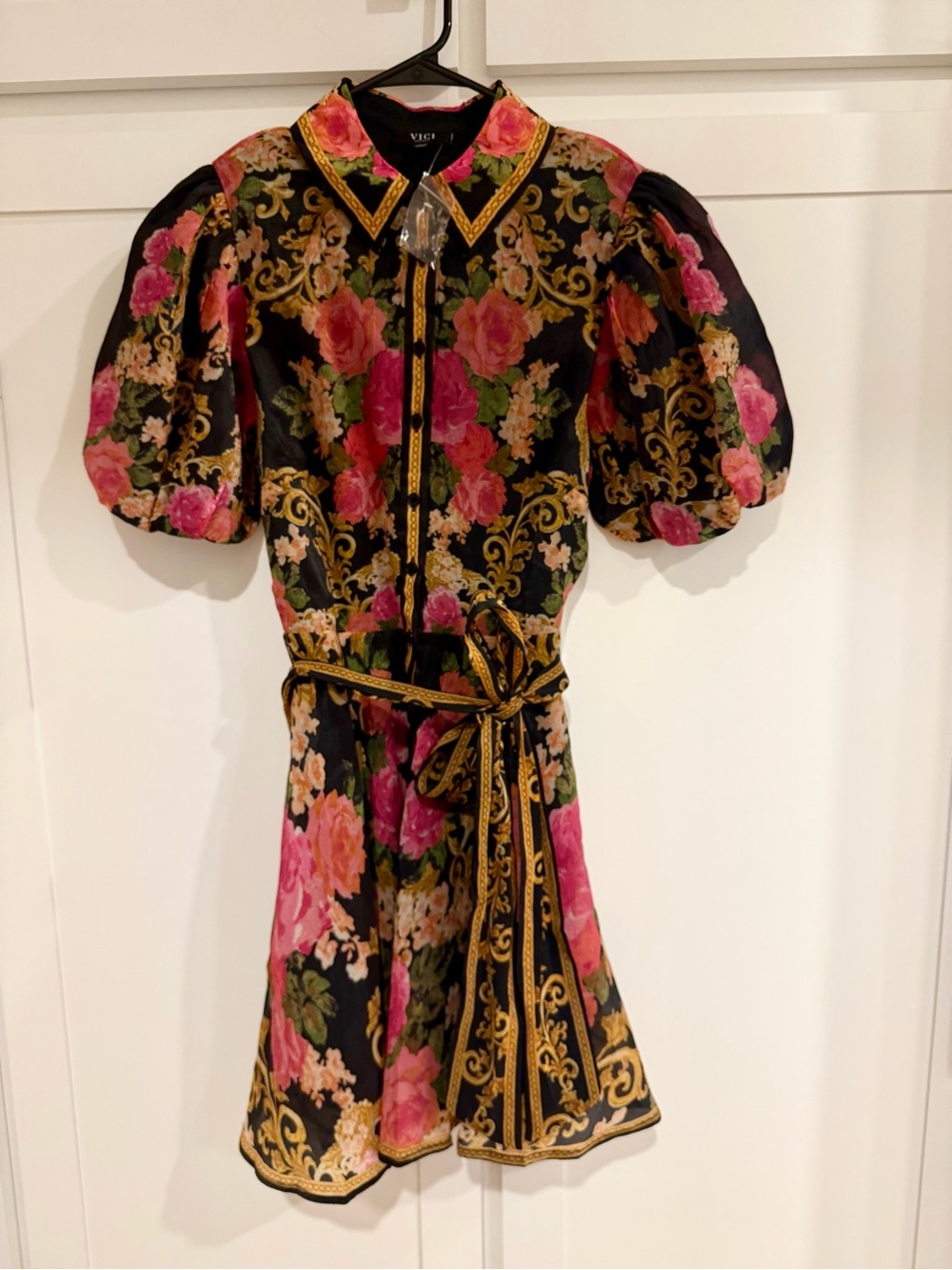 VICI Black Floral Puff-Sleeve Belted Mini Dress with Gold Trim new never worn